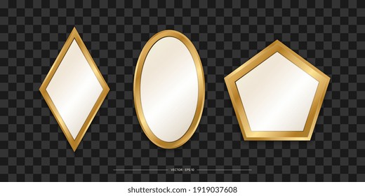 Set of Mirrors with a gold frame. Realistic design for interior furniture. Reflective glass surfaces. Isolated. Vector