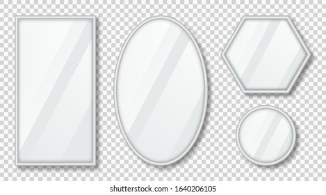 Set of mirrors with reflection in silver frame. Realistic mirrors with blurry glass effect. Mirror surface on transparent background. Vector