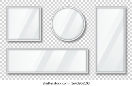 Set of mirrors with reflection in silver frame. Realistic mirrors with blurry glass effect. Mirror surface on transparent background. Vector