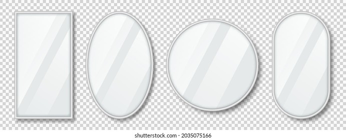 Set of mirrors with reflection in silver frame. Realistic mirrors with blurry glass effect. Mirror surface on transparent background. Vector