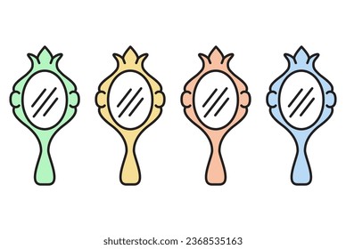 Set mirrors with reflections.Antique accessory.Princes magical mirror.Make up hand mirror for woman.Hand drawn doodle mirror with crown.Mirror frame decorate border. Vector elements of a fairytale.