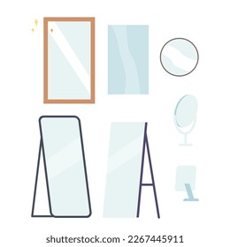 Set of Mirrors, Reflective Surface That Displays Clear Image Of Viewer Face Or Body, Commonly Used For Grooming, Decoration, And To Create An Illusion Of Space In Room. Cartoon Vector Illustration