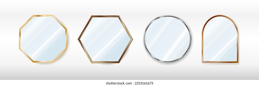 A set of mirrors of various shapes in silver, cooper, bronze and gold frames. Reflective glass plate. 3d vector illustration  isolated on black background.