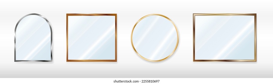 A set of mirrors of various shapes in silver, cooper, bronze and gold frames. Reflective glass plate. 3d vector illustration  isolated on black background.