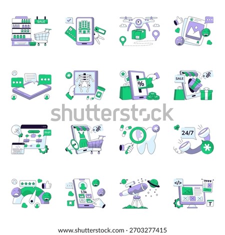 Set of Miscellaneous Flat Line Illustrations
