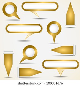 Set of miscellaneous gold pointers with place for customer text. Background in separate layer. Vector illustration.