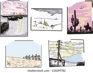 Set of miscellaneous landscapes. Color vector sketches.