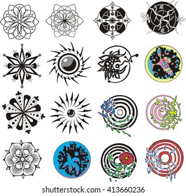 Set of miscellaneous round and floral dingbats. Vector illustrations.