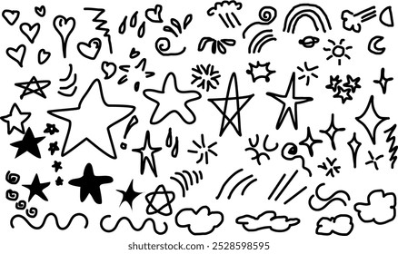 set of miscellaneous symbols, hearts, stars, clouds, wind, planet, sun, moon