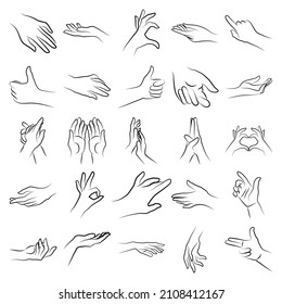 Grupo de mujeres diversas manos gestos simples contorno estilo lineal minimalista. Ilustración vectorial de las manos femeninas para crear logotipos, impresiones y otros diseños sobre fondo blanco