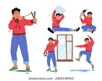 Set Mischievous Boy Character Wreaking Havoc, Causing Mischief And Chaos Wherever He Goes With A Smirk On His Face And A Twinkle In His Eye Isolated White Background Cartoon People Vector Illustration