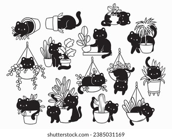 Gatos maliciosos en las plantas. Colección de siluetas gatitos dañando las plantas de las casas y cavando en una maceta de flores. Mascotas divertidas jugando con plantas interiores. Ilustración vectorial en el fondo blanco