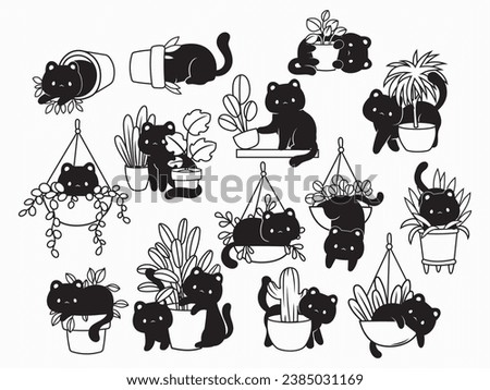 Set of mischievous cats in plants. Collection of silhouettes kitten damaging houseplants and digging in a flower pot. Funny pets playing with indoor plants. Vector illustration on white backgr