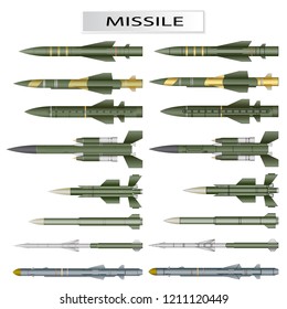 Set of missiles and ballistic rocket warhead isolated on white background, vector illustration.