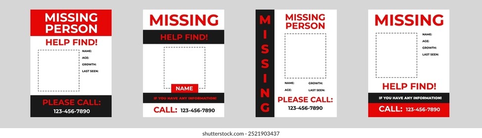 Set of missing person posters in red style with warning information. Wanted poster template