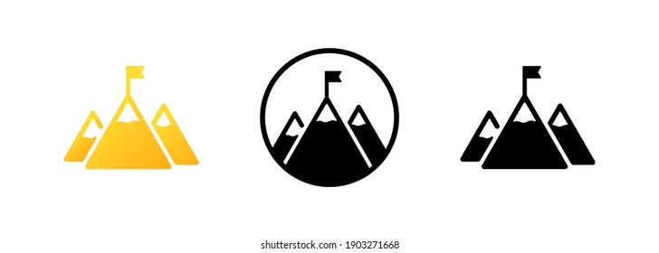 Set Of Mission Icons. Mountain With A Flag On The Top Icon In Black. Mission Concept. Goal. Success. Vector EPS 10. Isolated On White Background