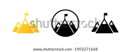 Set of mission icons. Mountain with a flag on the top icon in black. Mission concept. Goal. Success. Vector EPS 10. Isolated on white background