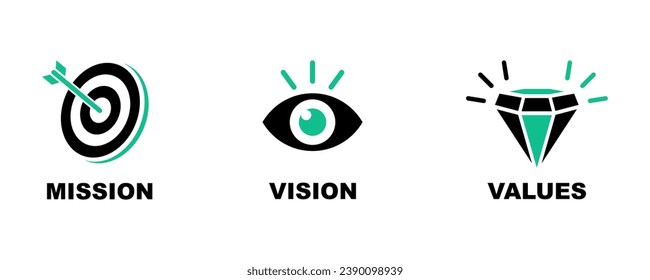 Set of mission, vision and value vector icons. Target, eyeball and diamonds icon. Plan for success.