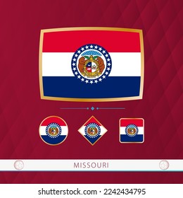 Set of Missouri flags with gold frame for use at sporting events on a burgundy abstract background. Vector collection of flags.