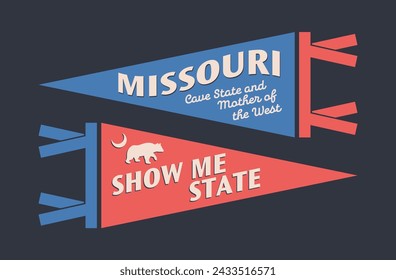 Conjunto de banderines de Missouri. Bandera gráfica retro vintage, banderín, estrella, signo, símbolos de Estados Unidos. Muéstrame El Estado.