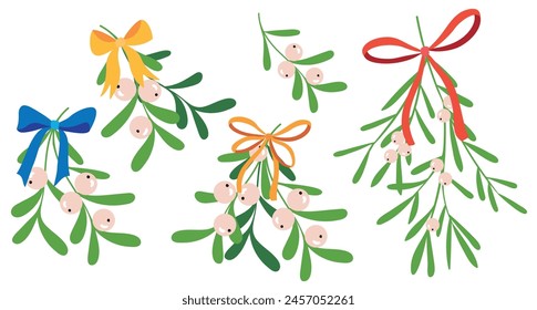 Set of mistletoe branches with green leaves in cartoon style. Vector illustration of mistletoe branches with berries and colored ribbons, bows: blue, yellow, red, orange isolated on white background.