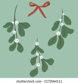 a set of mistletoe sprigs with leaves and berries, rounded branches and a thin ribbon bow