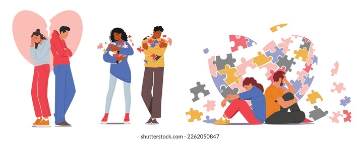 Set Misunderstandings In Family Relationships. Disagreement Between Two Family Members, Man and Woman Tension, Conflict, Fight, Disagreement With Each Other Concept. Cartoon People Vector Illustration