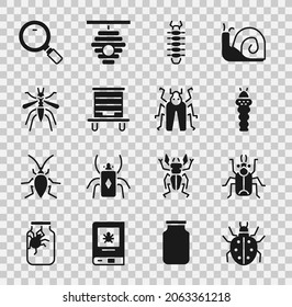 Set Mite, Beetle bug, Larva insect, Centipede, Hive for bees, Mosquito, Magnifying glass and  icon. Vector