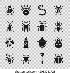 Set Mite, Ladybug, Ant, Worm, Beetle, Cockroach,  and Chafer beetle icon. Vector