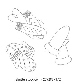 A set of mittens. Contour vector image. Suitable for creating patterns, Christmas cards, clothing catalogs, icons. 
