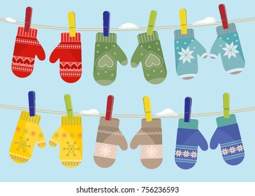 Set Of Mittens Hanging On The Rope. Vector Illustration.