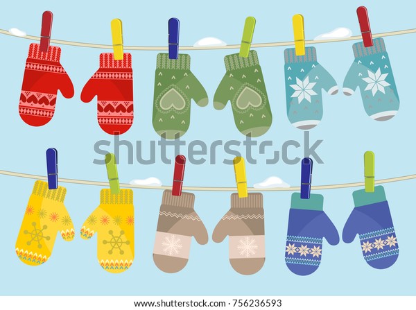 Set\
of mittens hanging on the rope. Vector\
illustration.