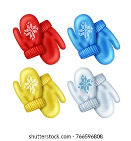 Set of mittens with ornament of different colors on a white background