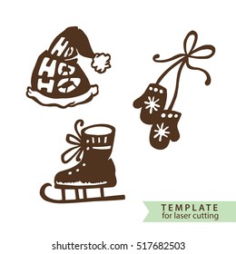 Set of mittens, skates and cap of Santa Claus. Template for making a stamp or laser cutting. Vector illustration