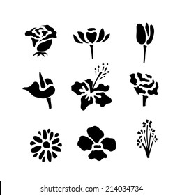 Set Mix of 9 silhouette floral icon (Rose,Lotus,Carnation,Flamingo,daisy,Chrysanthemum,Orchid,tulip,Gypso)