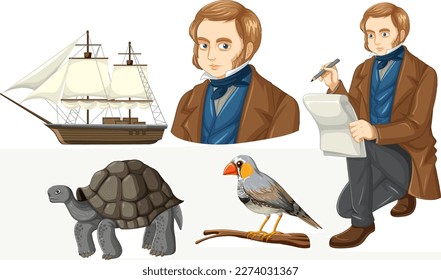 Set of mix charles darwin with animal illustration