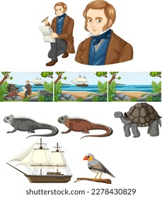 Set of mix charles darwin with animal illustration