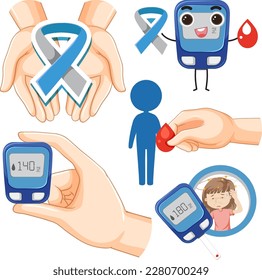 Conjunto de ilustraciones de objetos de diabetes de mezcla