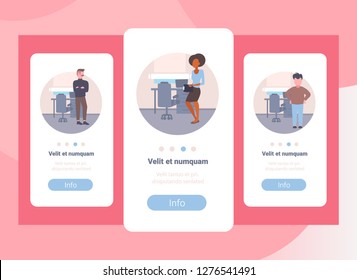 set mix race business people standing near workplace modern cabinet interior businessmen woman office workers collection male female team leader concept flat copy space