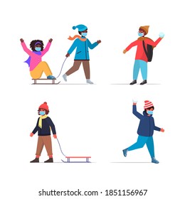 set mix race children having winter fun outdoors leisure and activities coronavirus quarantine concept full length vector illustration