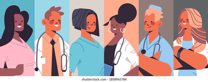 set mix race doctors avatars men women medical workers collection medicine healthcare concept horizontal portrait vector illustration