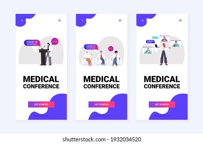 set mix race doctors discussing during during meeting medical conference covid-19 pandemic self isolation medicine healthcare concept horizontal vector illustration