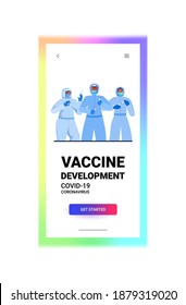 set mix race doctors or scientists in masks working with covid-19 nasal swab rapid laboratory tests blood samples in flasks coronavirus pandemic concept vertical copy space portrait vector