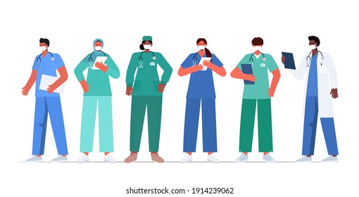 set mix race doctors in uniform wearing masks to prevent coronavirus pandemic labor day celebration concept full length horizontal vector illustration