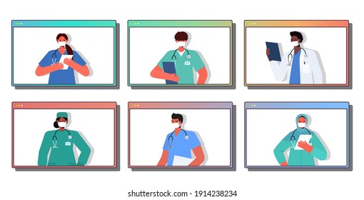 set mix race doctors wearing masks to prevent coronavirus pandemic online communication self isolation concept web browser windows collection portrait horizontal vector illustration