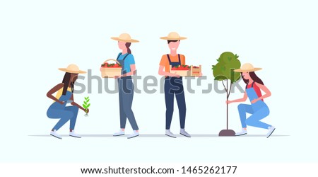 set mix race gardeners working in garden or greenhouse county men women agricultural workers harvesting gardening eco farming concept flat full length horizontal
