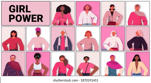 set mix race girls avatars female empowerment movement women's power union of feminists concept horizontal portrait vector illustration