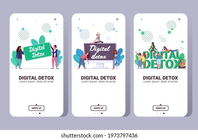 set mix race girls spending time without devices digital detox concept women abandoning gadgets