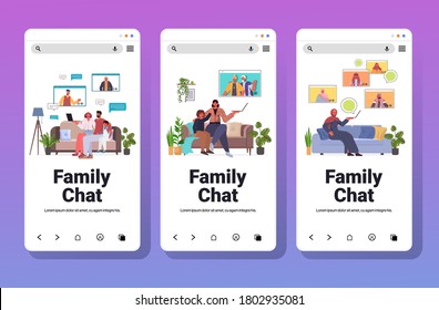 set mix race grandparents parents and children having virtual meeting during video call family chat communication concept smartphone screens collection horizontal full length vector illustration