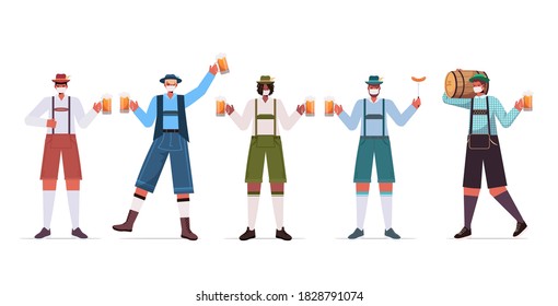 set mix race men in medical masks holding beer mugs Oktoberfest party celebration coronavirus quarantine concept guys in german traditional clothes full length horizontal vector illustration
